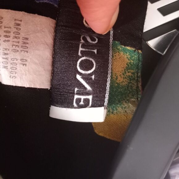 J.D. Stone 12 Black Multicolor Belt ShrtSlves SlitSides Rayon Women's Midi Dress - Picture 10 of 11